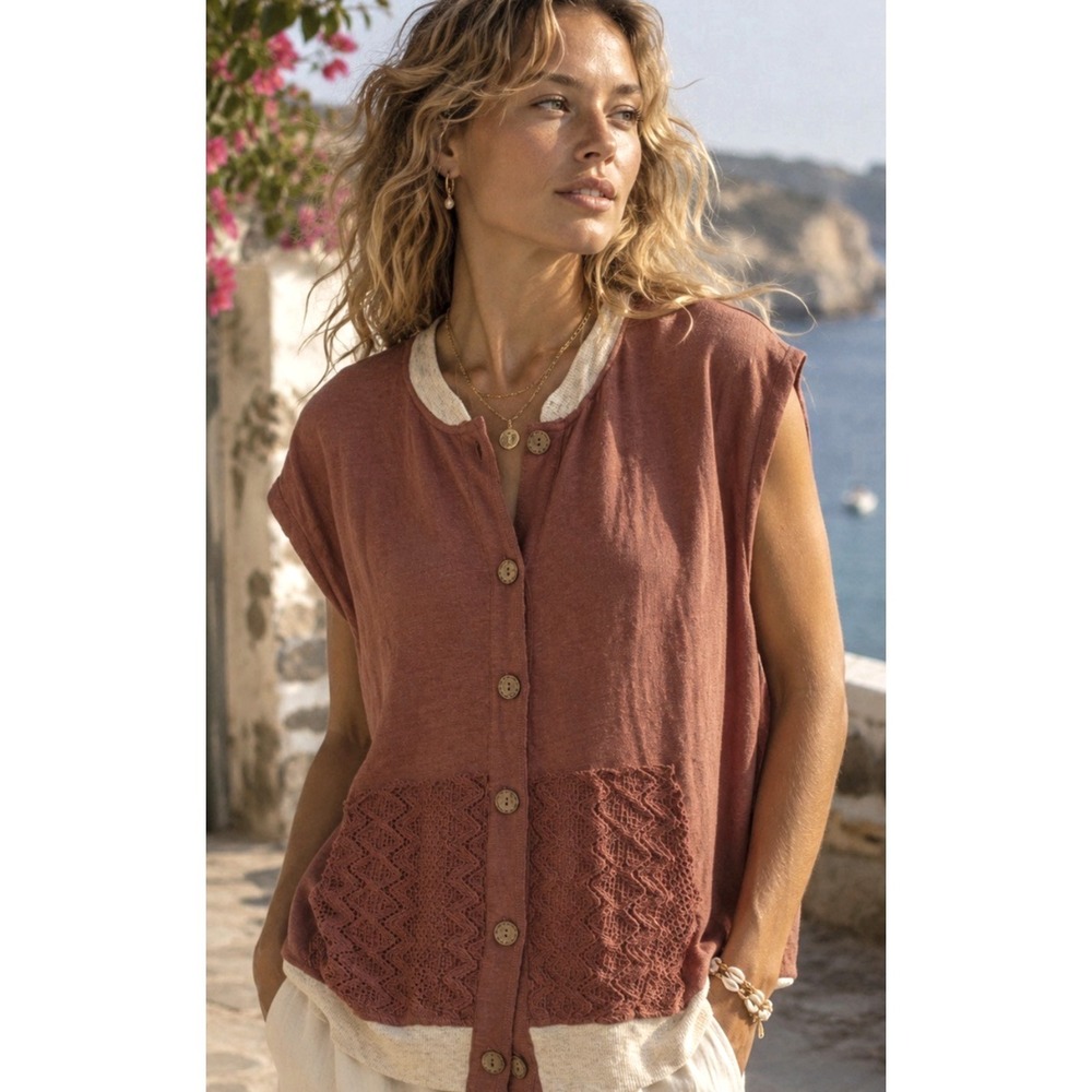 POL  Womens Oversized Sleeveless Linen Button Blouse Size M Crochet Lace Beach